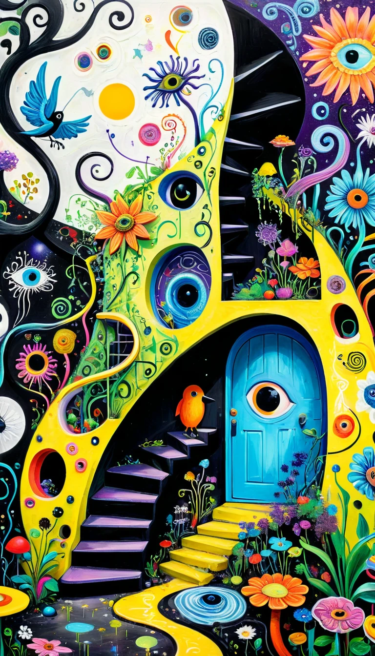 Children's graffiti,Thick coating,Concave and convex texture,Oil pastel strokes:Colorful black,Dopamine color matching,spaghetti,flowesh、spiral staircase、Tentacles、bird、(((Eye)))、diatom,Abstract mosaic painting,Describing the inner world of autistic people,Sense of space,White Space,interesting,Innocence,Psychedelic Art,Incorporating Picasso's artistic style
