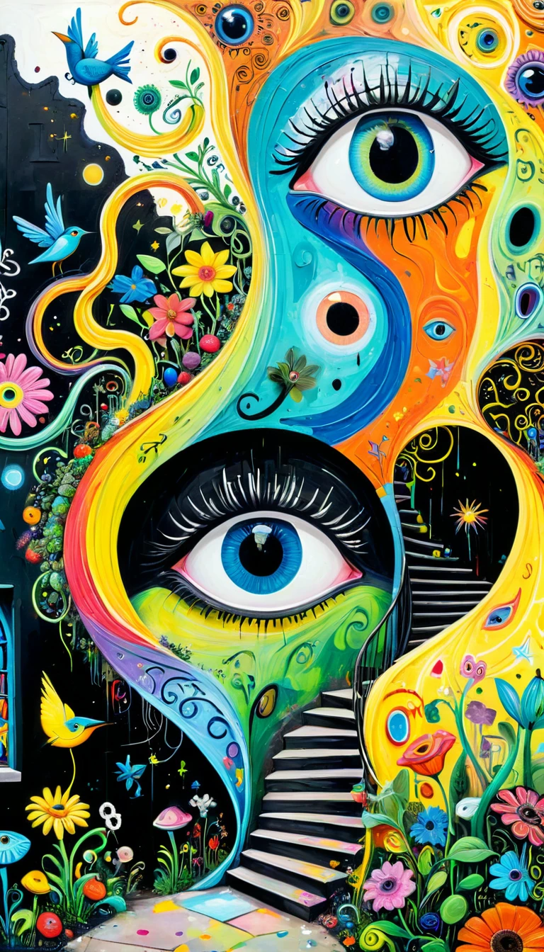 Children's graffiti,Thick coating,Concave and convex texture,Oil pastel strokes:Colorful black,Dopamine color matching,spaghetti,flowesh、spiral staircase、Tentacles、bird、(((Eye)))、diatom,Abstract mosaic painting,Describing the inner world of autistic people,Sense of space,White Space,interesting,Innocence,Psychedelic Art,Incorporating Picasso's artistic style
