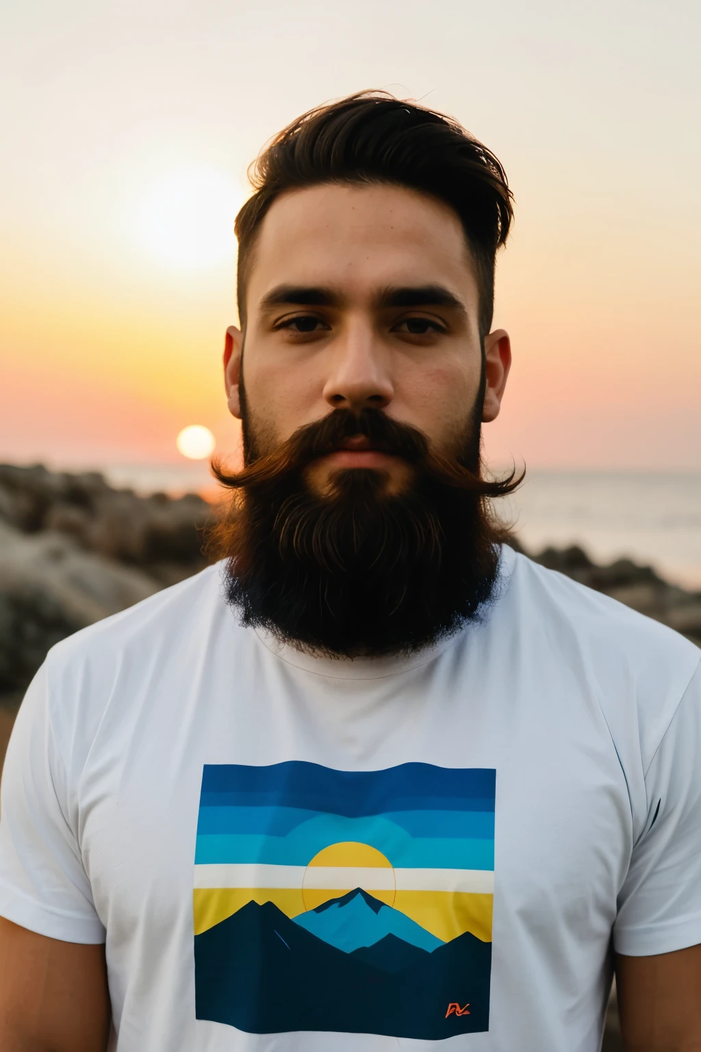 A man with beard wearing a t-shirt colored with red, blue, black, yellow and white, and a picture of sun set on the blue color of the t-shirt.