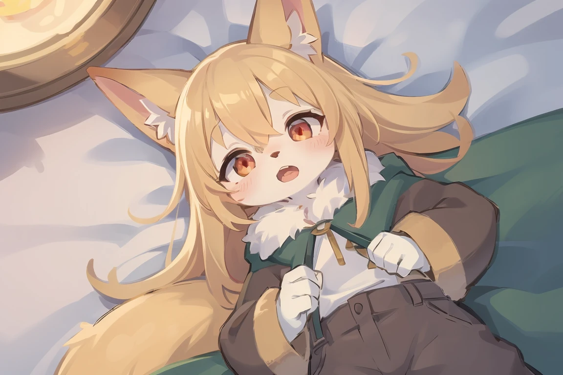 flat color, shota the fox, young, was hairy, shaggy, skin fur, smooth lashes, golden fur, forelimb hands, straight long blonde hair, solid circle eyes, golden ears, golden fur, golden facial fur, shiny hair, red eyes, super cute face, 1fox tail, fluffy tail, furry tail, green coat green hood down, pussy, pussy juice, spread legs up, open mouth, lying on bed, crying, embarrassed, cheeks,, ambient light, ultra-fine fur, dashed eyes, full body, masterpiece, high quality, high-details, best quality, (solo)