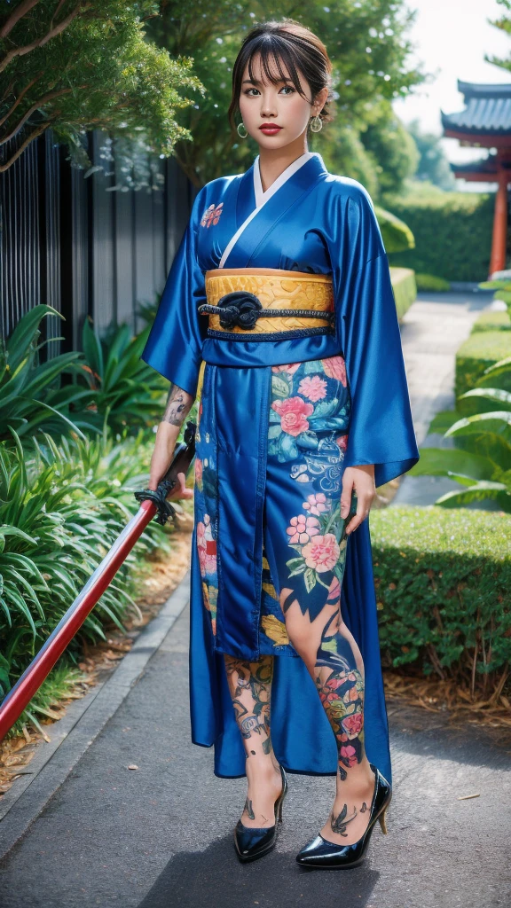 Beautiful Thai-Melanesian woman, (16 years old), pretty face, red lips,
BREAK,
Athletic feminine body, Female fitness model body, Hard toned feminine body, (muscles: 1.2), (beautiful belly button),
BREAK,
Mixed martial arts, Exceptional kung fu fighter, Japanese idol,
BREAK,
(wearing cute kimono: 1.3), Red high heels, necklace, earrings,
BREAK,
Short hair, (short bob), (bangs: 1.2), (coloring),
BREAK,
(holding very large weapon, wearing very large weapon, standing with very large weapon, raising very large weapon: 1.4), (kung fu fighter in fighting position),
BREAK,
(tattoos all over body, 80% of body covered in Japanese tattoos: 1.4),
BREAK,
Masterpiece, perfect lighting, ultra high resolution, 8K, (highly detailed: 1.4), From the front, looking at the camera, melancholic expression,
BREAK,
(Tokyo city, many people in the background), Tokyo's famous places in the background,