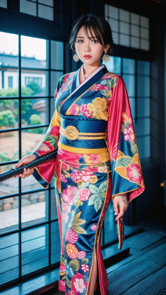 Beautiful Thai-Melanesian woman, (16 years old), pretty face, red lips,
BREAK,
Athletic feminine body, Female fitness model body, Hard toned feminine body, (muscles: 1.2), (beautiful belly button),
BREAK,
Mixed martial arts, Exceptional kung fu fighter, Japanese idol,
BREAK,
(wearing cute kimono: 1.3), Red high heels, necklace, earrings,
BREAK,
Short hair, (short bob), (bangs: 1.2), (coloring),
BREAK,
(holding very large weapon, wearing very large weapon, standing with very large weapon, raising very large weapon: 1.4), (kung fu fighter in fighting position),
BREAK,
(tattoos all over body, 80% of body covered in Japanese tattoos: 1.4),
BREAK,
Masterpiece, perfect lighting, ultra high resolution, 8K, (highly detailed: 1.4), From the front, looking at the camera, melancholic expression,
BREAK,
(Tokyo city, many people in the background), Tokyo's famous places in the background,