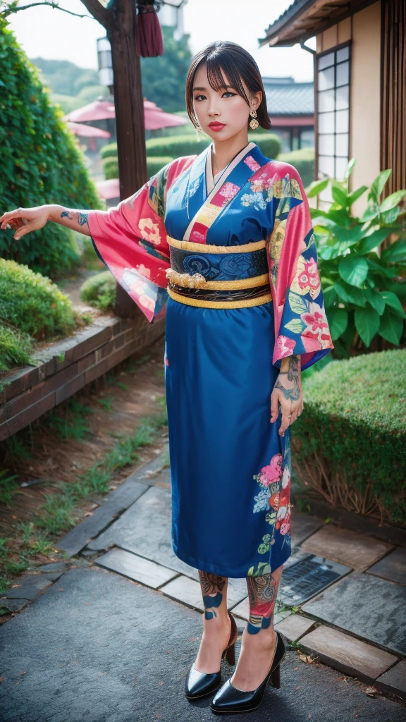 Beautiful Thai-Melanesian woman, (16 years old), pretty face, red lips,
BREAK,
Athletic feminine body, Female fitness model body, Hard toned feminine body, (muscles: 1.2), (beautiful belly button),
BREAK,
Mixed martial arts, Exceptional kung fu fighter, Japanese idol,
BREAK,
(wearing cute kimono: 1.3), Red high heels, necklace, earrings,
BREAK,
Short hair, (short bob), (bangs: 1.2), (coloring),
BREAK,
(holding very large weapon, wearing very large weapon, standing with very large weapon, raising very large weapon: 1.4), (kung fu fighter in fighting position),
BREAK,
(tattoos all over body, 80% of body covered in Japanese tattoos: 1.4),
BREAK,
Masterpiece, perfect lighting, ultra high resolution, 8K, (highly detailed: 1.4), From the front, looking at the camera, melancholic expression,
BREAK,
(Tokyo city, many people in the background), Tokyo's famous places in the background,