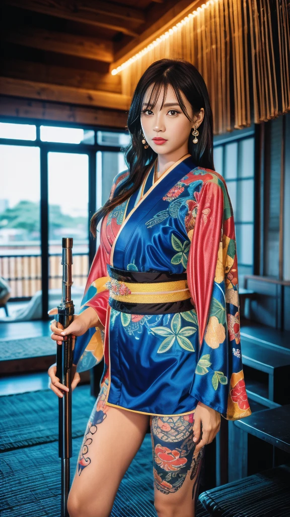 Beautiful Thai-Melanesian woman, (), pretty face, red lips,
BREAK,
Athletic feminine body, Female fitness model body, Hard toned feminine body, (muscles: 1.2), (beautiful belly button),
BREAK,
Mixed martial arts, Exceptional kung fu fighter, Japanese idol,
BREAK,
(wearing cute kimono: 1.3), Red high heels, necklace, earrings,
BREAK,
Short hair, (short bob), (bangs: 1.2), (coloring),
BREAK,
(holding very large weapon, wearing very large weapon, standing with very large weapon, raising very large weapon: 1.4), (kung fu fighter in fighting position),
BREAK,
(tattoos all over body, 80% of body covered in Japanese tattoos: 1.4),
BREAK,
Masterpiece, perfect lighting, ultra high resolution, 8K, (highly detailed: 1.4), From the front, looking at the camera, melancholic expression,
BREAK,
(Tokyo city, many people in the background), Tokyo's famous places in the background,