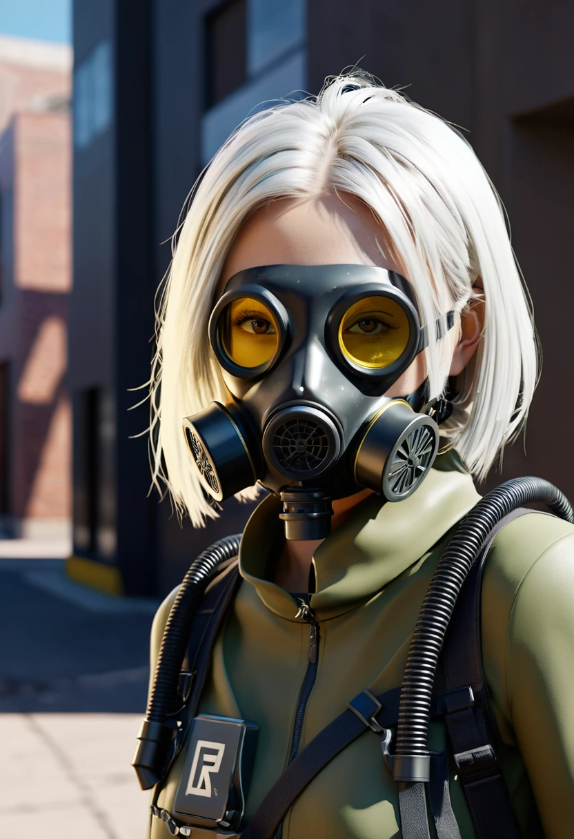 (masterpiece:1.2,high quality), 1 Girl, ((Ultra-realistic details)), Global Illumination, shadow, Unreal Engine, Octane Rendering, 8K, Extremely sharp, Metal, complex, Accessory details, highly complex details, Yellow eyes, (Mechanical:1.2), White hair, (Black gas mask), gear, Bob Cut, Hundreds of wires, Earthling, (, Android:1.15), Revelation, Damaged buildings