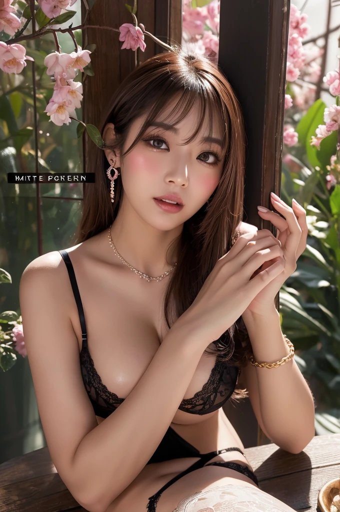 (nsfw:1.5)
full body,(black sexy lingerie theme:1.5),(botanical pattern lingerie:1.4),(navel soup:1.3),(big boob:1.4),(cowboy shot:1.2),(slim:1.4),(emphasizing the cleavage:1.3)
BREAK                                               
Japanese sexy girl,(ecstasy face:1.3),heavy makeup,(long eyes:1.4),(squinting eyes:1.2),(pink eye shadow:1.2),(blush:1.3),glowing cheeks ,(glowing skin:1.3),(long hair:1.5),(beautiful straight hair:1.2),(brown hair:1.5),necklace,(earring:1.4),(black hair band:1.2)
BREAK 
((porno magazine cover:1.3)
BREAK                                                                                 
 8k,High quality, Ultra detailed, best quality, insanely detailed, beautiful