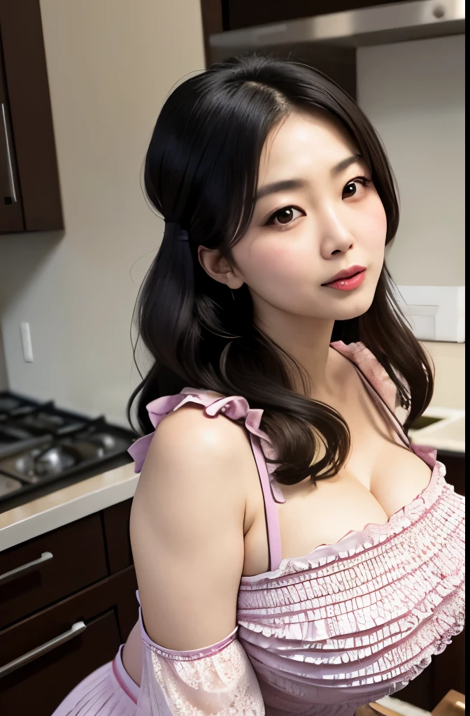 Beautiful, mother-in-law, japanese, voluptuous, smocked dress, in the kitchen, seductive expression