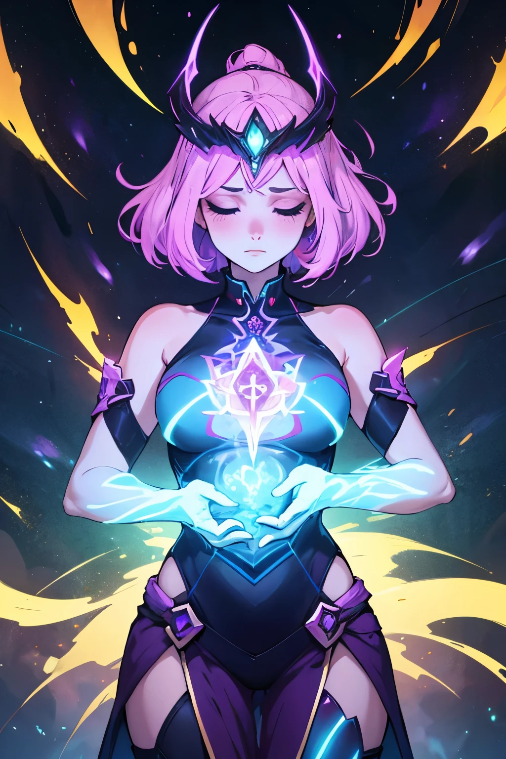 Seven-color glow stick interference, purple hue ethereal surreal, translucent energy woman, buff glowing wise monk, hot oil cooling meditation, chakra protection, cosmic meditation, unreal matter