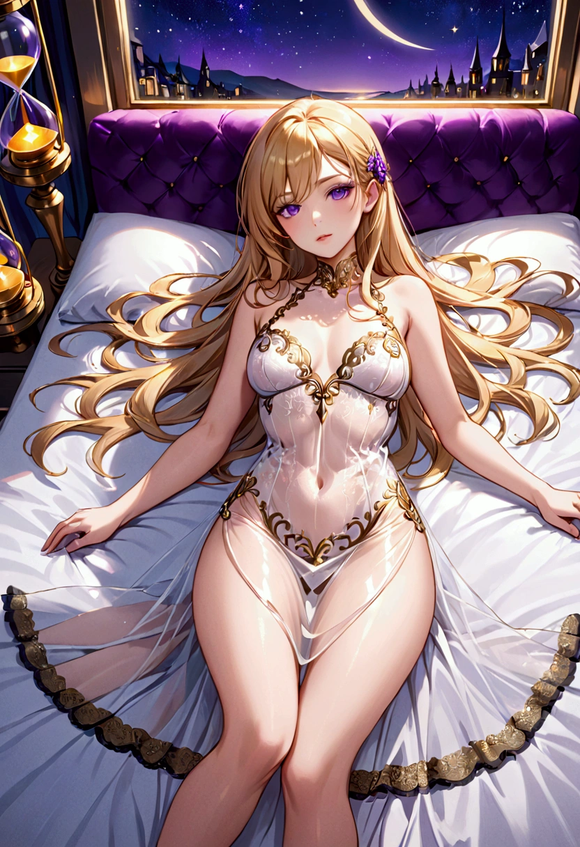 (close up) (full body pose) (kneeling) (from behind:1.3) (adult woman:1.2) (nude:1.1) (topless:1.1) (elaborate beautiful dress:1.3) (from above) (legs spread:1.3) (on bed) (golden halo) golden chain choker, night, dark cozy bedroom, mood lighting, on bed, large breasts, large butt, thin waist, Long HAIR, light brown HAIR, (loving look:1.4), original HAIR style, Dynamic Angle, (detailed face:1.3) (dynamic lighting:1.2), (backlighting:1.2) (gold leaf bracers on arms) (gold leaf hair piece) (elaborate golden necklace) (gold roses on bed) (widow's peak hair)