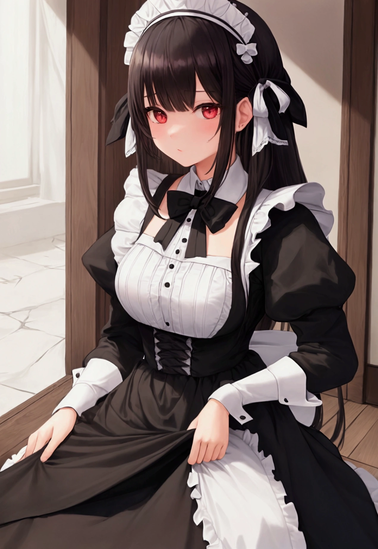 masterpiece, Highest quality, Absurd, Super detailed,One girl, Black Hair,semi-long,Maid clothes,152 cm,cute,