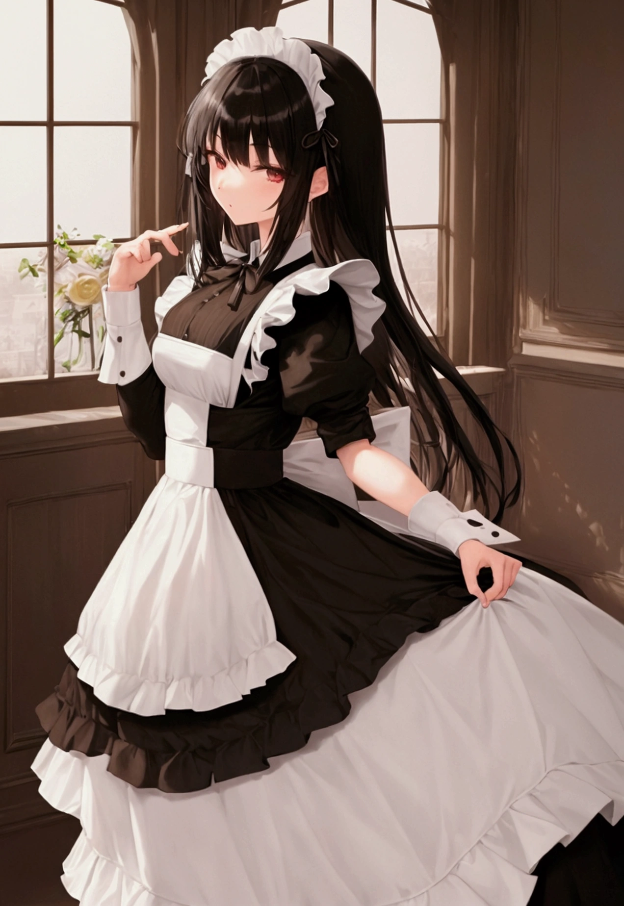 masterpiece, Highest quality, Absurd, Super detailed,One girl, Black Hair,semi-long,Maid clothes,152 cm,cute,