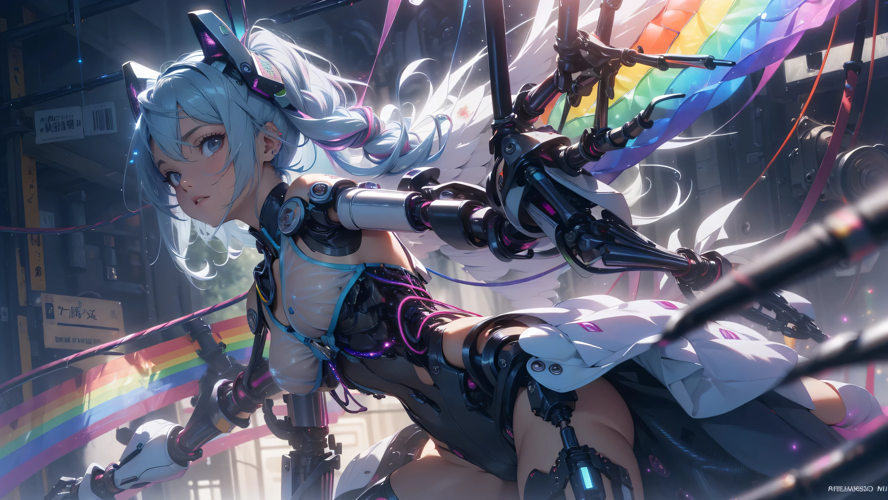 (quality)), ((masterpiece)), Recommended results、Puffy nipples、(see through:1.5)、straighten your back、abdominal muscles、huge bust、angle to floor:1.2、low camera angle、Hair loss on crotch,hatsune miku,super detailed)), (Very detailed CG illustrations), ((extremely delicate and beautiful)),(1Mechanical Girl)),alone,whole body,(Machine made joints:1.2),((mechanical limbs)),(Flashing blood vessel points connected to tubes),(Mechanical vertebrae attached to the back,with flowing glitter.),((Flowing rainbow fixed around neck)),poker face,(wires and cables attaching to neck:1.2),(Rainbow wires and cables on the head:1.2)(Character focus),,Very detailed,rich and colorful,most detailed,angel,Wings stretched out from behind