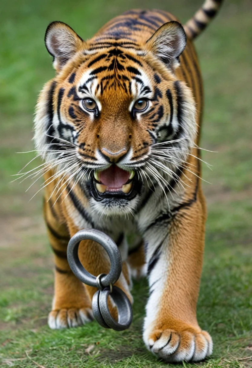 A tiger,Each of its front and hind paws had heavy iron rings on its ankles.,The size of the iron ring matches the tiger's ankle,clear and distinct