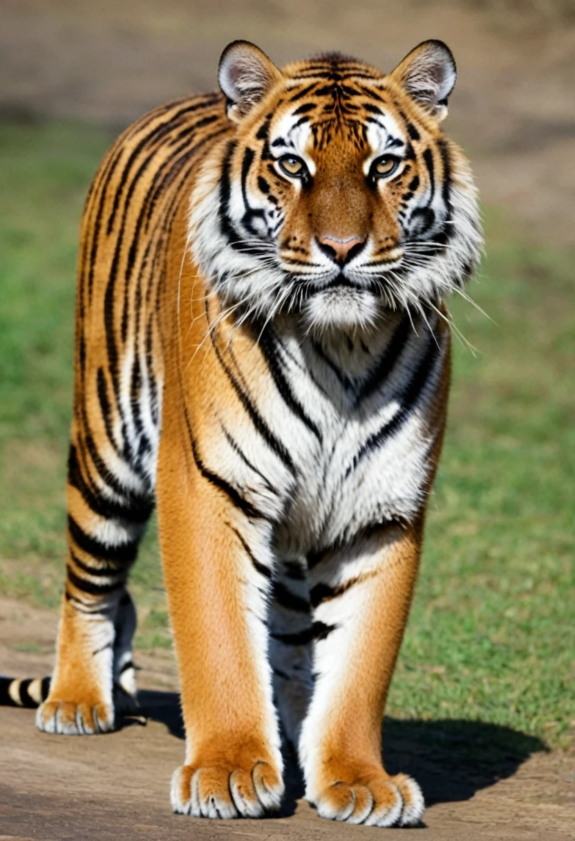 A tiger,Each of its front and hind paws had heavy iron rings on its ankles.,The size of the iron ring matches the tiger's ankle,clear and distinct