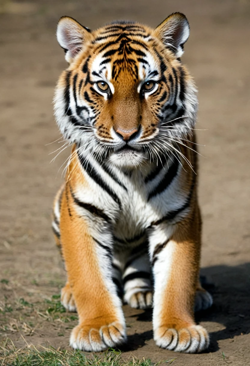 A tiger,Each of its front and hind paws had heavy iron rings on its ankles.,The size of the iron ring matches the tiger's ankle,clear and distinct