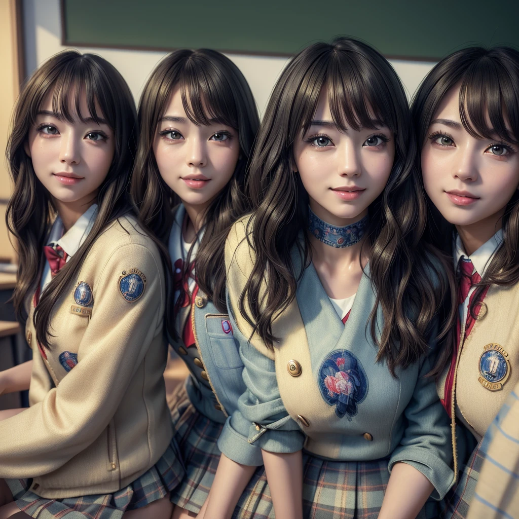 (best quality, masterpiece:1.5), (ultra-detailed, realistic:1.37),4K,(4woman:1.5),japanese,cute,beautiful,(school uniform:1.2),(miniskirt),smile,