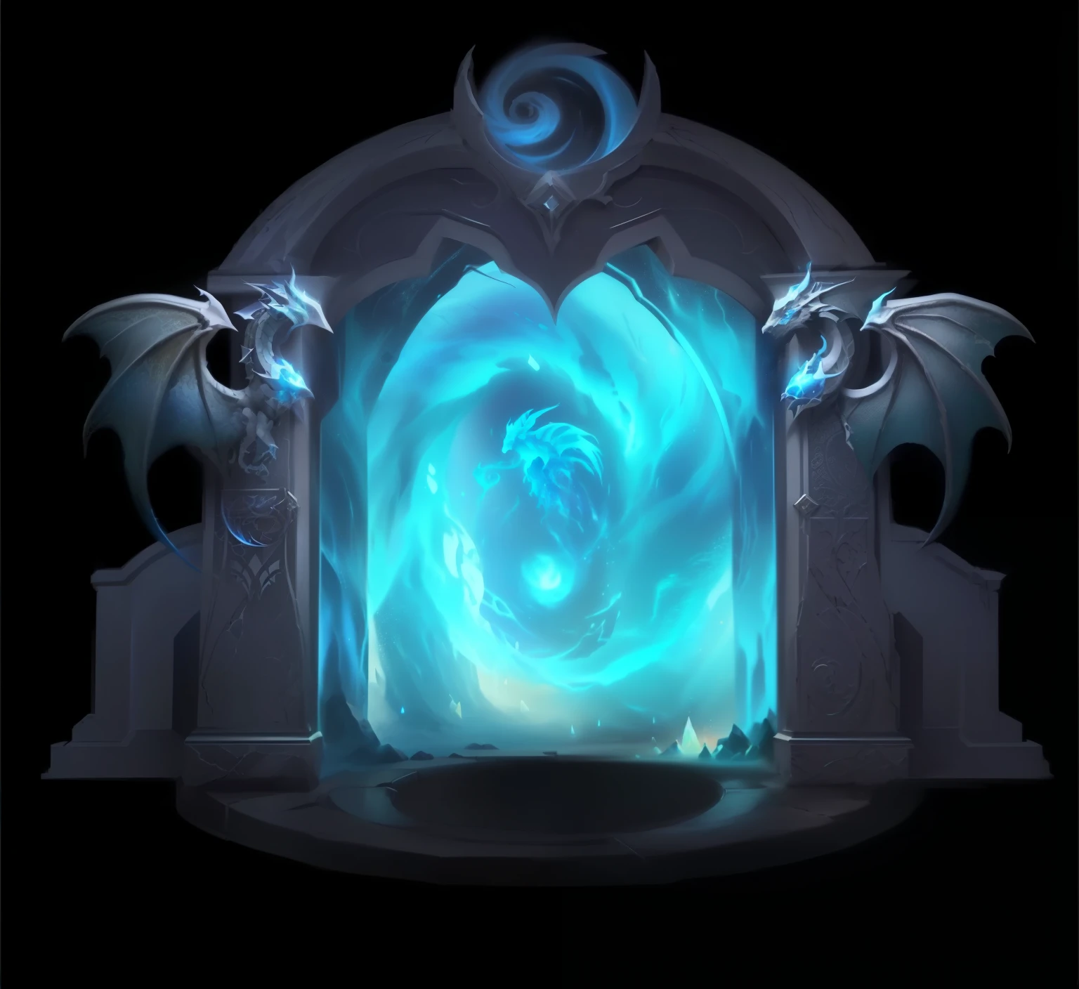 magical portal，swirl, Two stone dragons on the left and right，Portal to the Etheric Realm, Portal to the Lost Realm of Flame, Dark Dimension Portal,Magic portal opened, swirl传送门 放逐长老, Door to the Deep，Diablo Immortal concept art