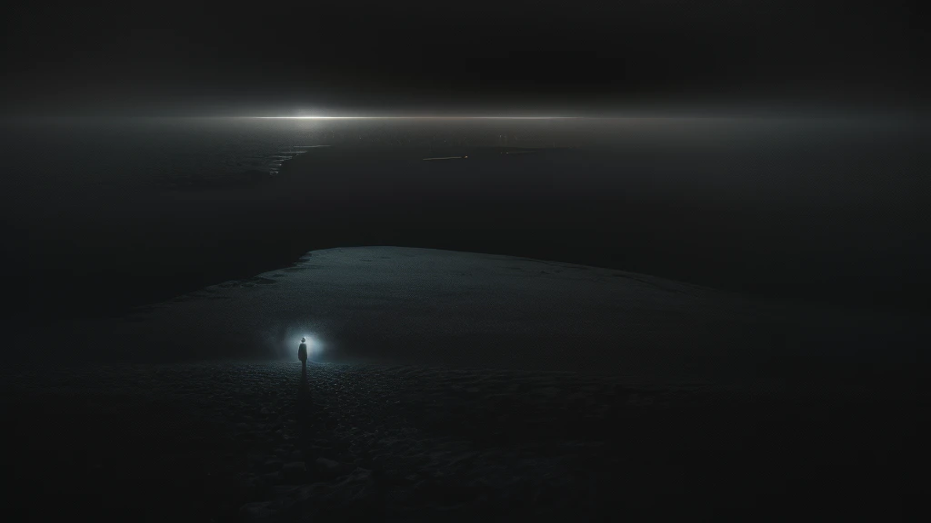 realistic image taken from a dark nightmare that reflects loneliness, sadness, melancholy, darkness, that is dark with a dark sky, horizontally in the Zdzisław Beksiński style