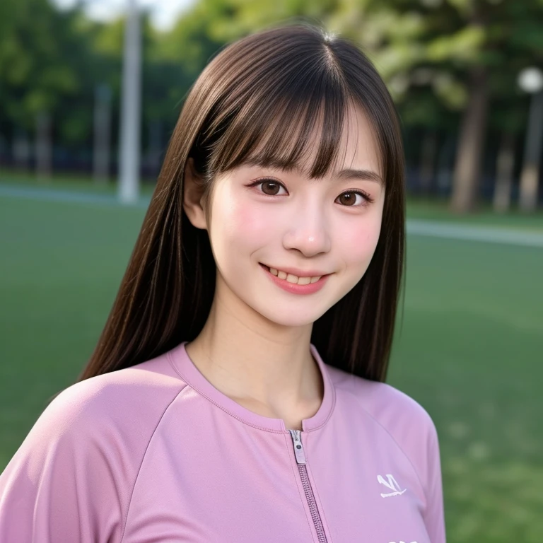 (kawaii 18 year-old Japanese girl, Nogizaka idol, Korean idol, track and field player), healthy female athlete body, (glossy black hair, high ponytail, bangs:1.2), beautiful black eyes, rounded face, single eyelid, (no makeup:1.2), (big laughing), (light pink track jacket, sports leggins), extra small breasts, BREAK, (park background, turf, summer, sunny daytime:1.2), (dynamic angle, bust shot:1.2), BREAK, (masterpiece, best quality, photo realistic, official art:1.4), (UHD, 8K quality wallpaper, high resolution, raw photo, golden ratio:1.3), (shiny skin), professional lighting, physically based rendering, award winning, (highly detailed skin texture, extremely detailed face and eyes textures), Carl Zeiss 300 mm F/2.8, depth of field, (1girl, solo),