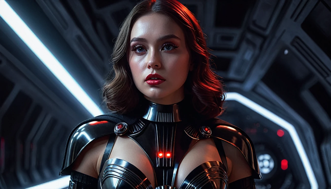 a cinematic star wars scene darth vader but as female charakter natural breasts, topless, naked , nude, intricate detailed face, beautiful detailed eyes, beautiful detailed lips, extremely detailed face and eyes, long eyelashes, red glowing light sabber, detailed portrait, photorealistic, inside a space vessel , full body shoot, dramatic lighting, intricate armor and details, dynamic attack fithing pose, full body shot, cinematic composition, hyper-realistic, moody color palette, dramatic lighting and shadows, intricate details, masterpiece