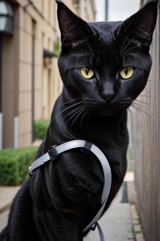 "I want a backpack in the shape of a black cat with heterochromia. I want it to look realistic and detailed with either a real background or no background. The backpack should be Pixar-style. It should not just have a cat face, but the entire shape of a cat, furry, with its front paws and ears."