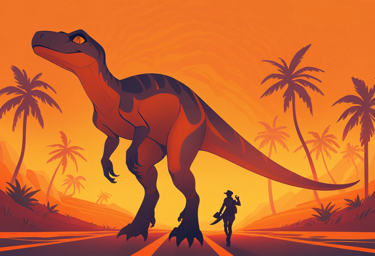 Walking with Super  Dinosaur in orange aesthetic art style

