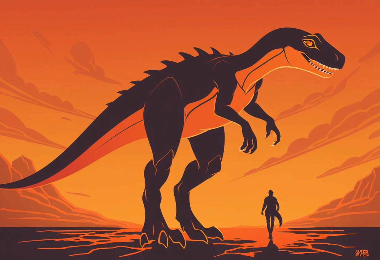 Walking with Super Dinosaur in orange aesthetic art style