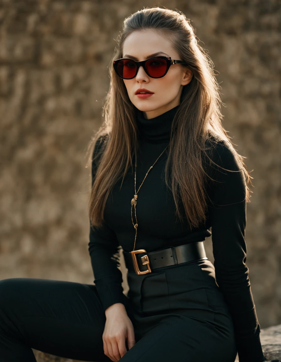 Photo, (sharp focus:1.2), (masterpiece), beautiful evil slavic muscular woman, pale skin, long dark blond hair, cinematic film still, stylish black and white photo, geometry, sunlight, feminine elegant girl in sunglasses with red glasses, black turtleneck, black jacket, wide black trousers, wide belt, (sharp focus on the face:1.3), (detailed), photographed on a Kodak box camera, (hyper realistic:1.4), lifelike texture, (intricate details, hyperdetailed:1.15) (skin texture:1.2), cinematic, professional, 4k, (((dynamic model pose))), sitting, full body, mesmerizing, dynamic, dramatic, dynamic pose, highly detailed skin with hair, subcutaneous veins, light and shadow play, highly detailed,24mm photograph, bokeh, professional, 4k,