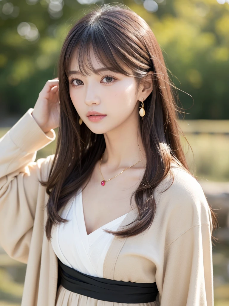 ((Highest quality, 8k, masterpiece:1.3)), concentrate: 1.2, Perfect body beauty: 1.4, Hips: 1.2, ((Long Hair, chest: 1.2)), (Dry clothes: 1.1) , (clear, Simple Background:1.3), Simple clothes: 1.1, Highly detailed face and skin texture,Delicate eyes, double eyelid, Whitened skin, Rough skin、Long Hair、Earrings with bangs、necklace、 solo、Beige coat、White shirt, (((Beautiful girl with cute Japan)))、 ((Beautiful Japanese girl 20 years old))、 ((Baby Face))、 (((Slender body)))、 Upper Body,Face focus、necklace,Simple Background,From above, Realistic Hair、 A photograph was taken:Canon EOS R6、135mm、1/1250 seconds、f2.8、ISO400、(Detailed explanation of the hand)、(Masseter muscle area)、(Exquisite CG)、Long Hair, loose and curly hair、Korean Hair、Long Hair明るいベージュ色、グラデーションハイライトグレージュのゆるふわLong Hairスタイル、