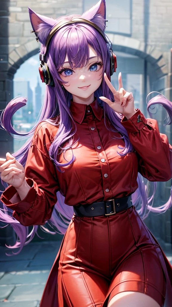 ((best quality)), ((masterpiece)), (Ultra detailed), ((4k)) , ((Eyes Details))
Solo , Purple Hair , Blue eyes , Cute Face , Middle Ages, Cat Ears , Cute Smile ,
Red Long Shirt , Plain Shirt , Headphone Neck , Peace Pose.