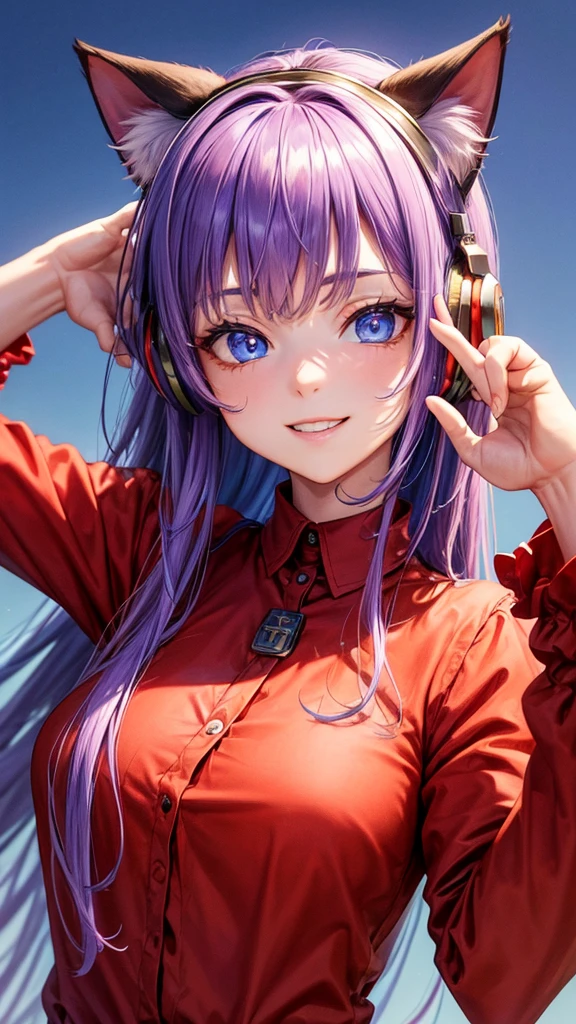 ((best quality)), ((masterpiece)), (Ultra detailed), ((4k)) , ((Eyes Details))
Solo , Purple Hair , Blue eyes , Cute Face , Middle Ages, Cat Ears , Cute Smile ,
Red Long Shirt , Plain Shirt , Headphone Neck , Peace Pose.