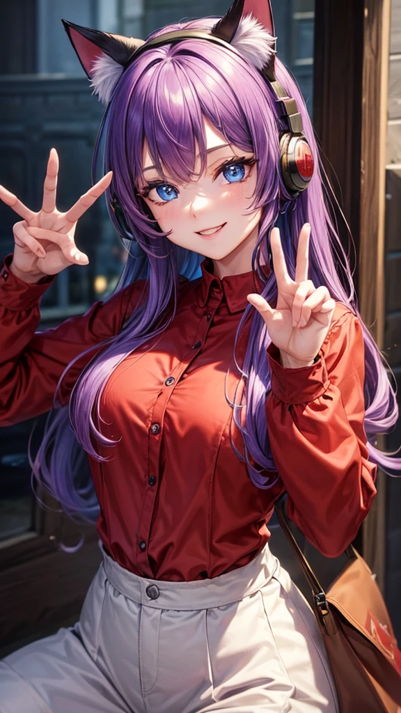 ((best quality)), ((masterpiece)), (Ultra detailed), ((4k)) , ((Eyes Details))
Solo , Purple Hair , Blue eyes , Cute Face , Middle Ages, Cat Ears , Cute Smile ,
Red Long Shirt , Plain Shirt , Headphone Neck , Peace Pose.