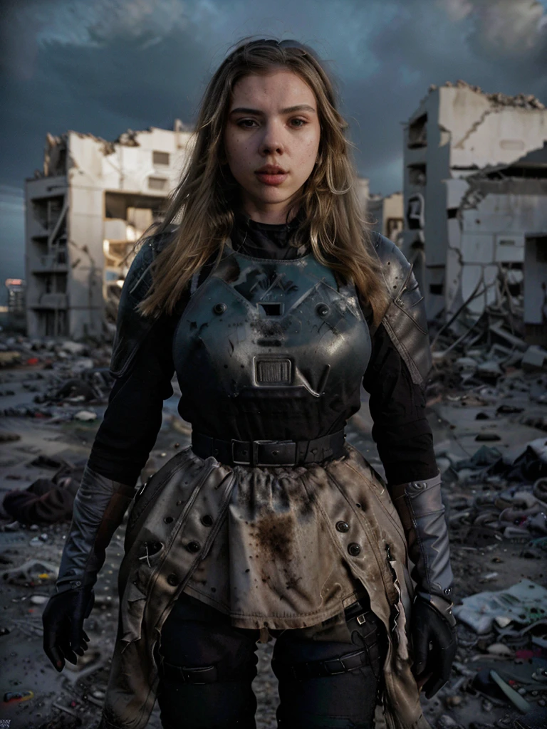 (highest quallity:1.3), cinematic shot, work of art, (sharp focus:1.5), (photorrealistic:1.3), portrait of 25-year-old actress Scarlett Johansson, breasts showing naked breasts, Dirty blonde long hair, dusty face, Dressed in the armor of the future, Contra o pano de fundo de um dusts-apocalipse desolado, céu no dusk cor alaranjado e denso, ruined ultra futuristic rounded buildings, futuristic architecture, ruins of a city, black leather gloves on hands, the wind, dust, Destroyed buildings, Burnt car skeletons, Oppressive atmosphere, Dirty orange skies, dusk, Photographic realism, sharp focus, Human bones and skulls are scattered everywhere, piles of garbage, Building debris, fall, photo 3/4, Realistic facial skin, Dust on clothes, Atmosfera opressiva, apocalypse, as realistic as possible