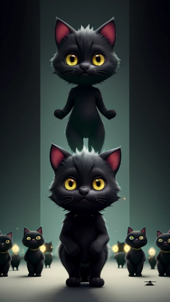 The black cat Sheru walking towards the glowing light, with the children following closely behind, their faces showing both fear and curiosity."