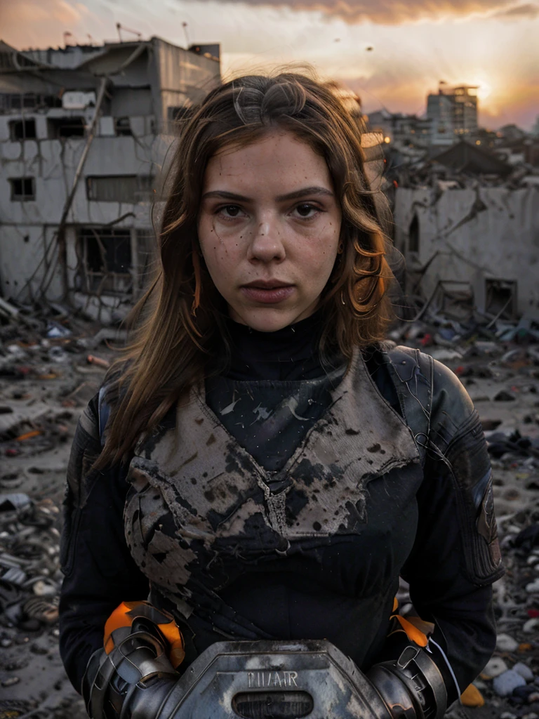 (highest quallity:1.3), cinematic shot, work of art, (sharp focus:1.5), (photorrealistic:1.3), portrait of 25-year-old actress Scarlett Johansson, breasts showing naked breasts, sad eyes, tears in the eyes running down the face, Dirty blonde long hair, dusty face, Dressed in the armor of the future, Contra o pano de fundo de um dusts-apocalipse desolado, orange and dense evening sky, ruined ultra futuristic rounded buildings, futuristic architecture, ruins of a city, black leather gloves on hands, torn garments, the wind, dust, Destroyed buildings, Burnt car skeletons, Oppressive atmosphere, Totally orange and dirty skies, orange sunset, orange clouds, dense atmosphere, Photographic realism, sharp focus, Human bones and skulls are scattered everywhere, piles of garbage, Building debris, fall, photo 3/4, Realistic facial skin, Dust on clothes, Atmosfera opressiva, apocalypse, as realistic as possible
