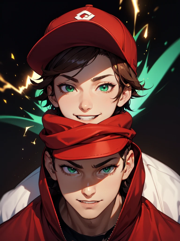 (((Portrait Photo))), He has a Bold and Youthful Appearance of a Teenager, with a Slim and Lively Build that Radiates Vivacity. His Short, Straight Brown Hair is Stylishly Cut, with Bangs that Gracefully Frame His Forehead, Highlighting His Features with a Touch of Modern Flair. His Bright, Emerald Green Eyes, Filled with a Spark of Enthusiasm and Joy, Giving His a Cheerful Aura. He is Dressed in a Loose-fitting Red Sweatshirt Accompanied by a Baseball Cap, Creating a Bold Contrast that Emphasizes His Dynamic and Playful Personality. His Expression is Friendly, with a Slight Smile that Conveys a Sense of Confidence. (((High Quality, Dark Background))), (((Portrait Photo)))