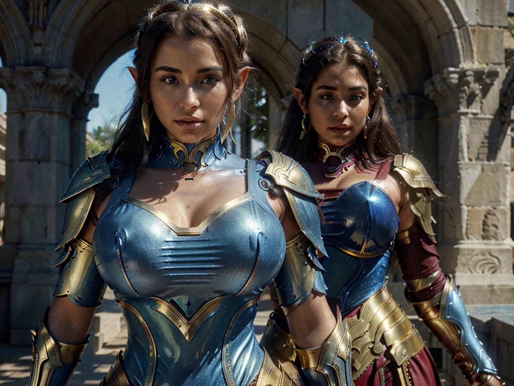 Hyper-realistic masterpiece, the character realistic and rendered in stunning 300K resolution, cinematic. Elf Queen Body Toned Gypsy Warrior Armor Full Medieval Open Neckline Iron Man Style, Made of Blue Titanium Reflecting Light ((Thick Gold Detail Edges))
