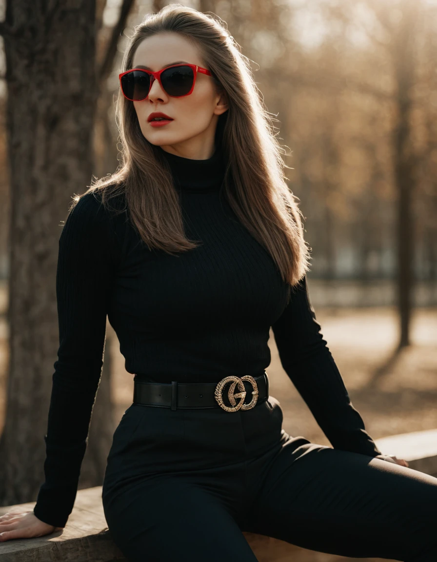 Photo, (sharp focus:1.2), (masterpiece), beautiful evil slavic muscular woman, pale skin, long dark blond hair, cinematic film still, stylish black and white photo, geometry, sunlight, feminine elegant girl in sunglasses with red glasses, black turtleneck, black jacket, wide black trousers, wide belt, (sharp focus on the face:1.3), (detailed), photographed on a Kodak box camera, (hyper realistic:1.4), lifelike texture, (intricate details, hyperdetailed:1.15) (skin texture:1.2), cinematic, professional, 4k, (((dynamic model pose))), sitting, full body, mesmerizing, dynamic, dramatic, dynamic pose, highly detailed skin with hair, subcutaneous veins, light and shadow play, highly detailed,24mm photograph, bokeh, professional, 4k,