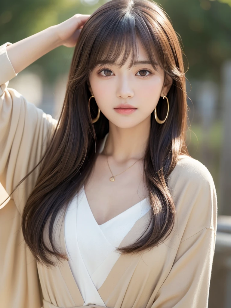 ((Highest quality, 8k, masterpiece:1.3)), concentrate: 1.2, Perfect body beauty: 1.4, Hips: 1.2, ((Long Hair, chest: 1.2)), (Dry clothes: 1.1) , (clear, Simple Background:1.3), Simple clothes: 1.1, Highly detailed face and skin texture,Delicate eyes, double eyelid, Whitened skin, Rough skin、Long Hair、Earrings with bangs、necklace、 solo、Beige coat、White shirt, (((Beautiful girl with cute Japan)))、 ((Beautiful Japanese girl 20 years old))、 ((Baby Face))、 (((Slender body)))、 Upper Body,Face focus、necklace,Simple Background,From above, Realistic Hair、 A photograph was taken:Canon EOS R6、135mm、1/1250 seconds、f2.8、ISO400、(Detailed explanation of the hand)、(Masseter muscle area)、(Exquisite CG)、Long Hair, loose and curly hair、Korean Hair、Long Hair明るいベージュ色、グラデーションハイライトグレージュのゆるふわLong Hairスタイル、