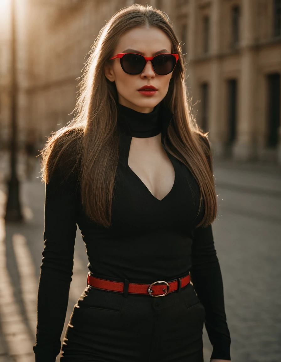 Photo, (sharp focus:1.2), (masterpiece), beautiful evil slavic muscular woman, pale skin, long dark blond hair, cinematic film still, stylish black and white photo, geometry, sunlight, feminine elegant girl in sunglasses with red glasses, black turtleneck, black jacket, wide black trousers, wide belt, (sharp focus on the face:1.3), (detailed), photographed on a Kodak box camera, (hyper realistic:1.4), lifelike texture, (intricate details, hyperdetailed:1.15) (skin texture:1.2), cinematic, professional, 4k, (((dynamic model pose))), sitting, full body, mesmerizing, dynamic, dramatic, dynamic pose, highly detailed skin with hair, subcutaneous veins, light and shadow play, highly detailed,24mm photograph, bokeh, professional, 4k,