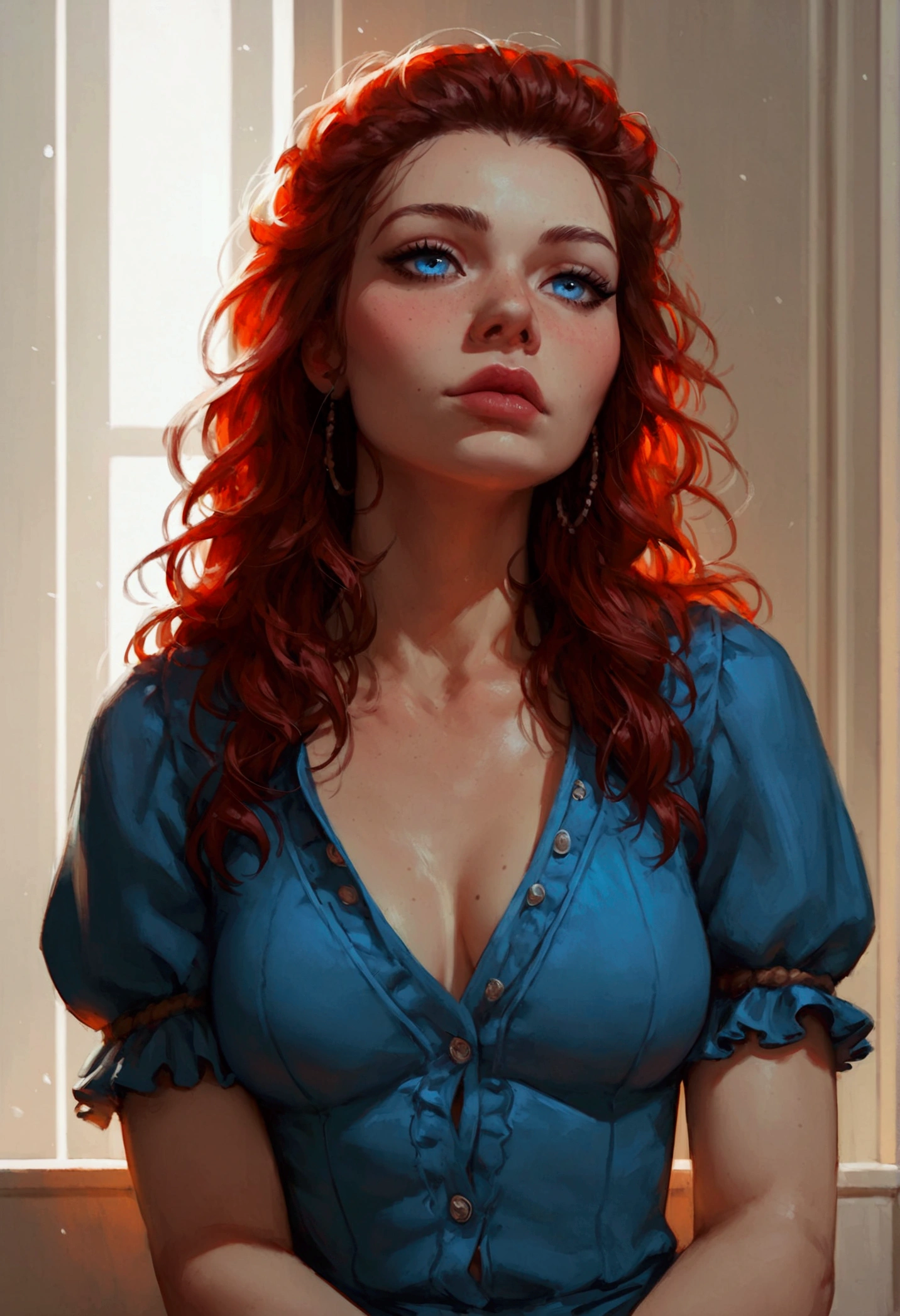check_9, check_8_up, check_7_up, check_6_up, 1 girl, dark red hair, light blue eyes, beautiful girl, cutie, Just a Girl, cute face, straight hair, long hair, medium breast, button-down blouse, blue blouse, sitting, detailed, Rebel girl, complex parts, sexual, high quality , front of the TV, masterpiece