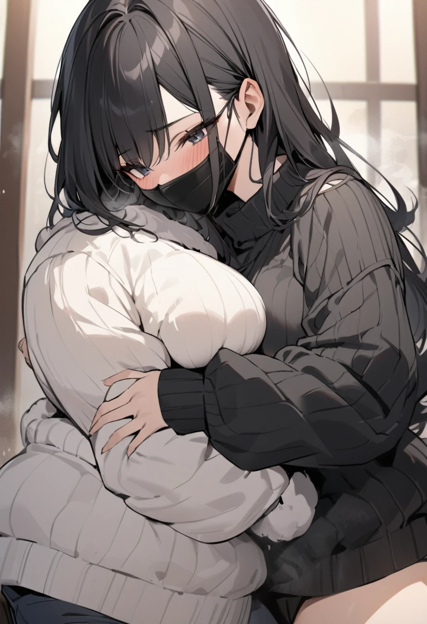 ((masterpiece)), (Highest quality), Long black hair, comftable black sweater, fluffy sweater, The G cup bust, black facemask in face, trying to hug someone, 24 years old, sweater over her hands, soft breast, breast big enough to rest on