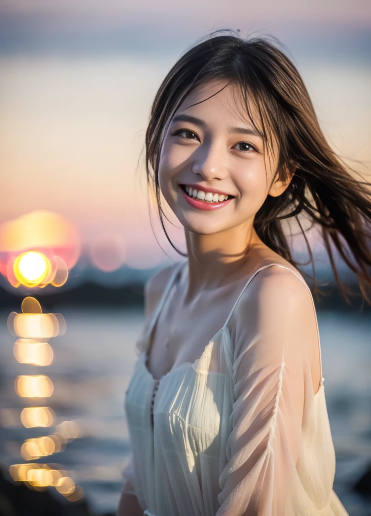 20year old beautiful girl、Beauty、Japanese、cute、beautiful girl、slim、Highest quality、Realistic、16K、panoramic、((Best Quality, 8k, Masterpiece: 1.3)), 1 girl, full body, slim face, beautiful woman,Only one girl、((Perfect body)))、(masterpiece)、((Highest quality))、(Ultra-detailed)、((Very delicate and beautiful))、(((Very shallow depth of field)))、Hmph，(((Unbelievably absurd)))、((Perfect body)))、(((Black-haired)))、(((Shortcuts)))、(Okabo Hair)、(((Looking into the camera)))、(((The best smile that makes you happy)))、白のレースドレス、Dynamic Angle、Female focus、{Particles of light}、Delicate background、((Paul Hedley)))、Soft lighting、(Dramatic sunset)、sunset、Very beautiful sunset、Live Action、Realistic、Top view、Cute Smile、(The background is blurred)、大きめの胸、((wind))、(((Movement)))、(((Emotional)))、((colorful))、((Baby Face))、((Beautiful Teeth)) 、Flare、Ocean background、Shooting from a distance、Full body