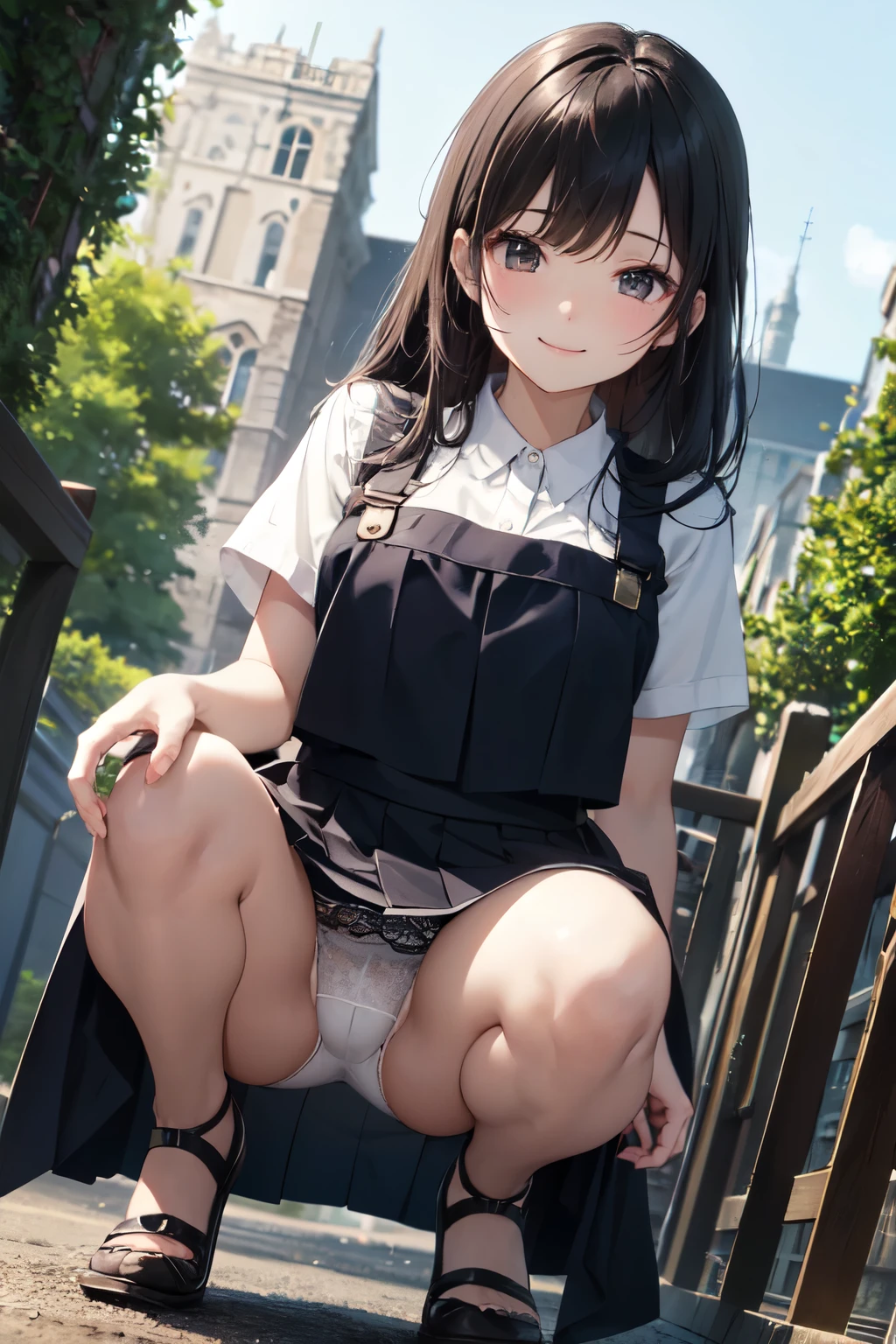 very cute and beautiful girl,(Very detailed美しい顔), (smile),blush,Black Hair,Seraphim,(White Shirt、Pleated navy blue pread your legs、Squat)、Sitting、(From below)、(Lacy white panties), Country road、Distant Tree々and the city, (Highest quality,masterpiece:1.0),Absurd,High resolution,Super detailed,Very detailed,32K,8k resolution, Intricate details,Movie Scenes,Detailed Background,alone,Dynamic Angle,