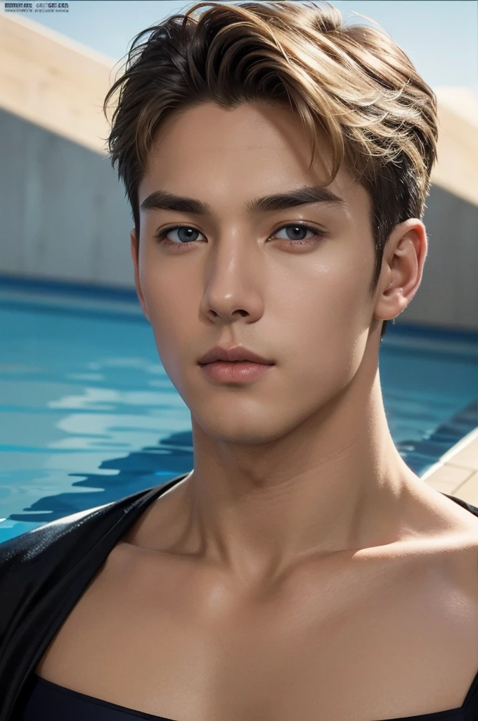 High quality, masterpiece, highly detailed, 8k, perfect face, perfect body, realistic, photo realistic, man, Asian, black hair, short hair, handsome, detailed eyes, beautiful detailed nose, realistic body, realistic light, comfortable expressions, cute guy, sweat guy, cool guy, abs sixpack, model style, full body, clean skin, water element