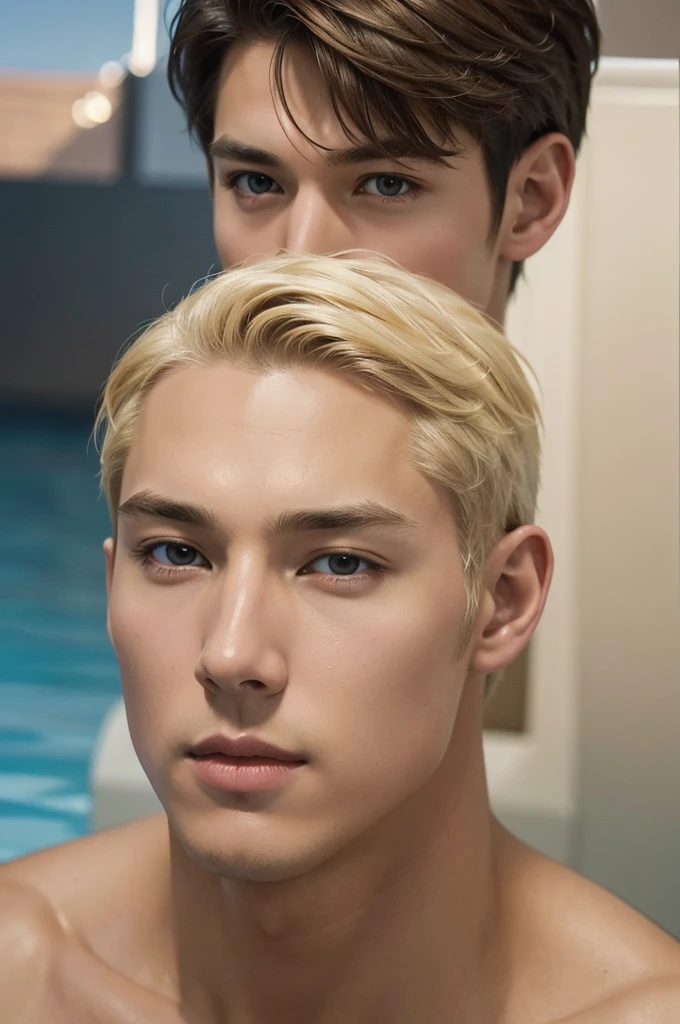 Handsome swimmer, short and blonde, Handsome handsome man, Perfectly symmetrical face, Beautiful clothes, Ultra-realistic, Concept Art, elegant, ((Complex)), ((Very detailed)), Depth of written boundary, ((Professionally color coded)), 8k, ArtJam、Alphonse Mucha、Art by Sports Illustrated
