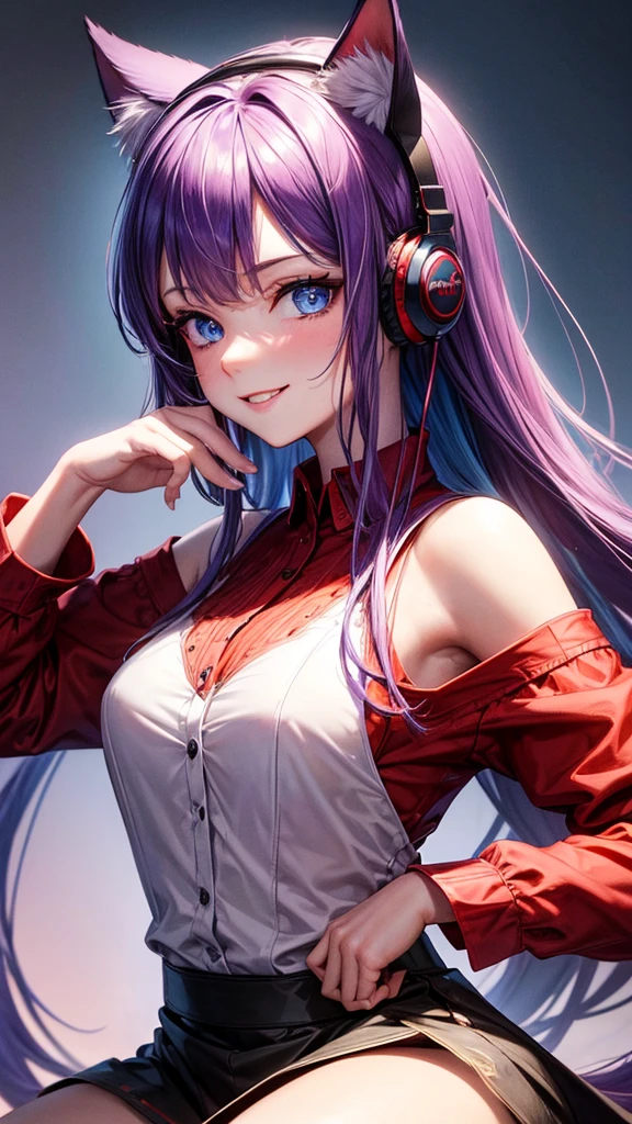 ((best quality)), ((masterpiece)), (Ultra detailed), ((4k)) , ((Eyes Details))
Solo , Purple Hair , Blue eyes , Cute Face , Middle Ages, Cat Ears , Cute Smile ,
Red Long Shirt , Plain Shirt , Headphone Neck , Cute Pose