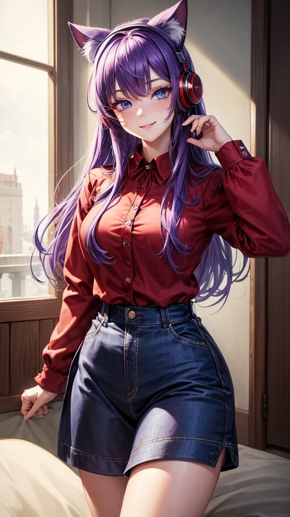((best quality)), ((masterpiece)), (Ultra detailed), ((4k)) , ((Eyes Details)) 

Solo , Purple Hair , Blue eyes , Cute Face , Middle Ages, Cat Ears , Cute Smile , 

Red Long Shirt , Plain Shirt , Headphone Neck , Cute Pose