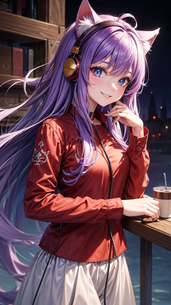 ((best quality)), ((masterpiece)), (Ultra detailed), ((4k)) , ((Eyes Details))
Solo , Purple Hair , Blue eyes , Cute Face , Middle Ages, Cat Ears , Cute Smile ,
Red Long Shirt , Plain Shirt , Headphone Neck , Cute Pose