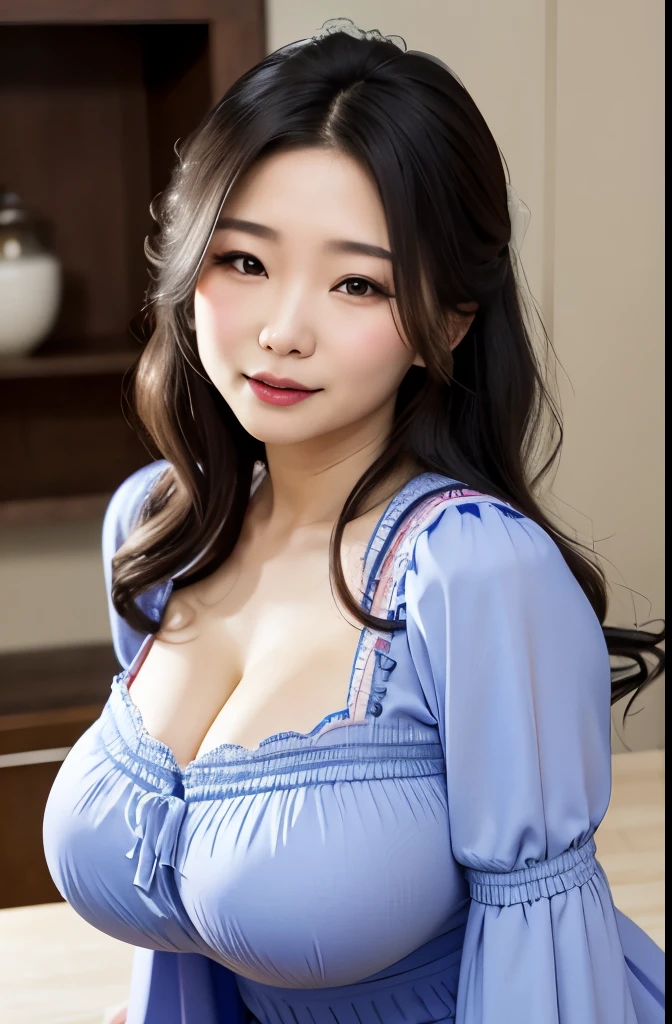 Beautiful, mother-in-law, japanese, voluptuous, smocked dress, in the kitchen, seductive expression
